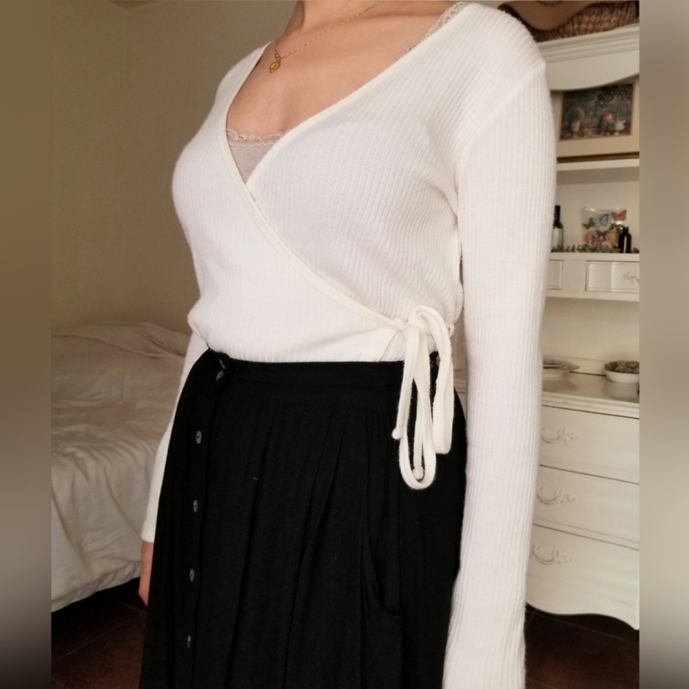 Adored Vintage Knitted Wrap Long Sleeve Top, Cream